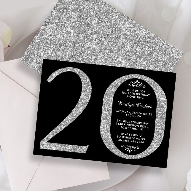 Convite Elegante Silver Glitter Typografia 20 Birthday (Criador carregado)