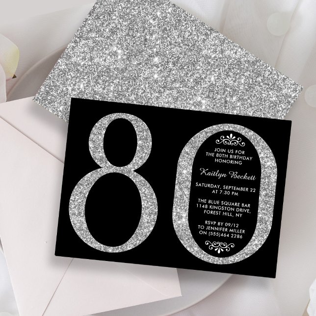 Convite Elegante Silver Glitter Typografia 80 Birthday (Criador carregado)