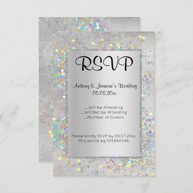 CONVITE ELEGANTE SILVER MARBLE HOLOGRAPHIC RSVP (Frente/Verso)