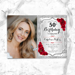 Convite Elegante Silver Rosa vermelha Foto 50º Aniversário<br><div class="desc">Elegante convite floral feminino para o 50º aniversário com sua foto. Design com falso brilho de prata. Recursos stripes, rosa vermelha, fonte de script e confetti. Perfeito para uma festa de comemoração de na moda adulto. Personalize com seus próprios detalhes. Pode ser personalizado para qualquer idade! Impressos convites Zazzle ou...</div>