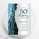 Convite Elegante Silver Teal Agate 50º Aniversário<br><div class="desc">Teal e prata agam 50º convite de aniversário. Elegante design moderno com aquarela agate marble geode background,  faux glitter prata e tipografia. Trendy convida o cartão perfeito para uma comemoração de dia das mulheres na moda. Impressos convites Zazzle ou modelo de impressão digital instantânea para download.</div>