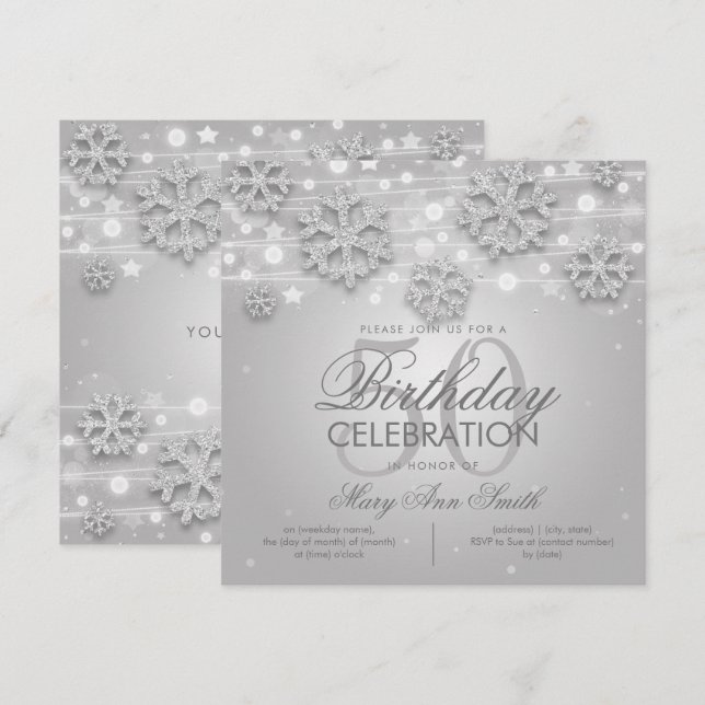 Convite Elegante Silver Winter Glitter 50th Festa de anive (Frente/Verso)