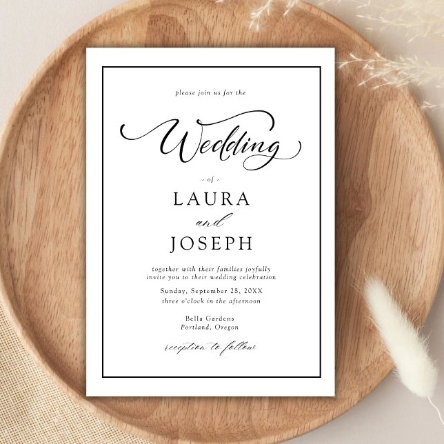 Convite Elegante Simples Clássico Casamento Preto e Branco (Elegant simple classic black and white wedding invitation sets a timeless tone with your details)