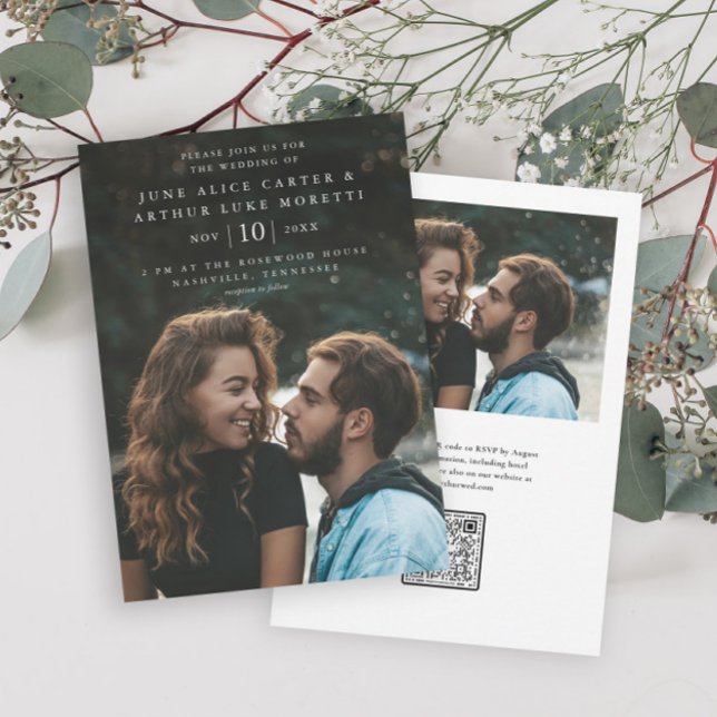 Convite Elegante Simples Código QR de Foto RSVP Casamento  (Simple type photo wedding invitation with QR Code RSVP on the back.)