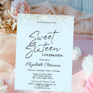 Convite Elegante Simples Confetes Azul Claro Sweet 16