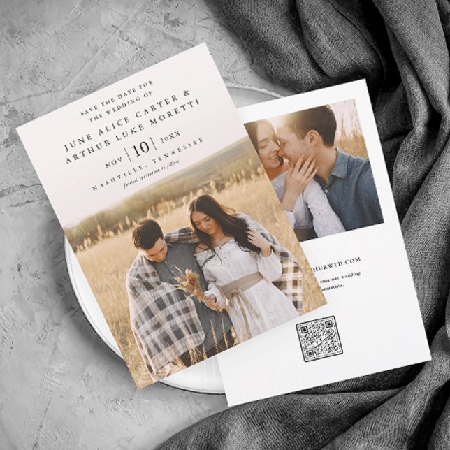 Convite Elegante Simples Foto Casamento Salve a Data (Simple Elegant Photo Wedding Save the Date Card with QR Code.)