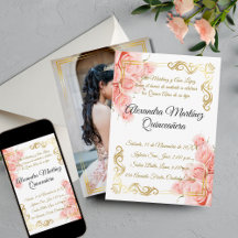 Elegante Simples Rosa Dourado Floral Quinceañera