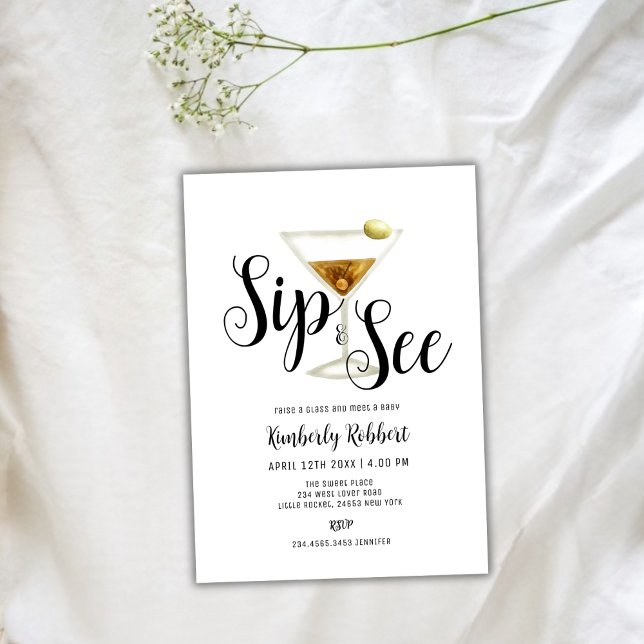 Convite Elegante Sip e veja Chá de fraldas Martini (Elegant Sip and See Martini Baby Shower Invitation)