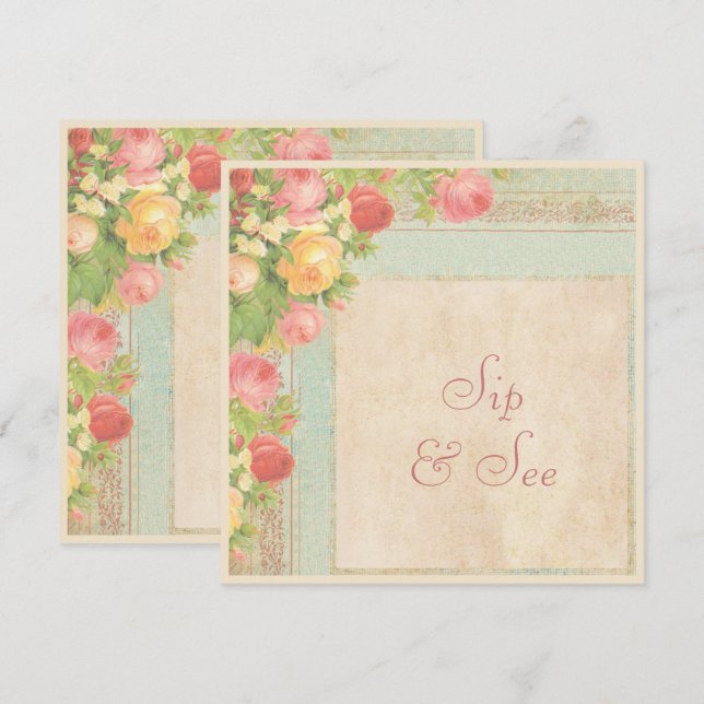 Convite Elegante Sip & See Rosas Vintage (Frente/Verso)