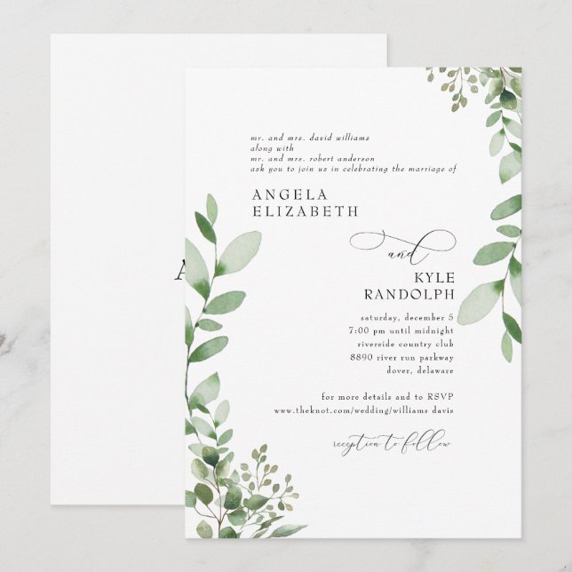 Convite Elegante site de casamento com folhagem em cascata (Frente/Verso)