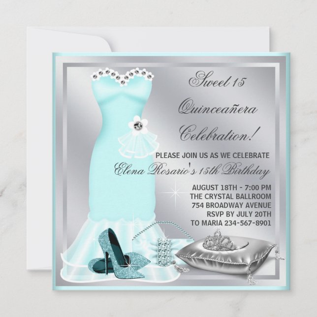 Convite Elegante Sivler e Teal Blue Quinceanera (Frente)