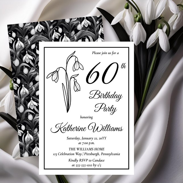 Convite Elegante Snowdrops 60ª Festa de aniversário (Elegant January Birth Month Snowdrops Floral "60th Birthday Party" Invitations -- Print | Download)