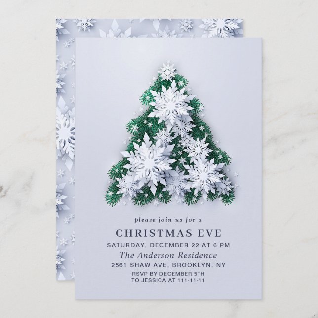 Convite Elegante Snowflakes Tree Holiday CHRISTMAS EVE (Frente/Verso)