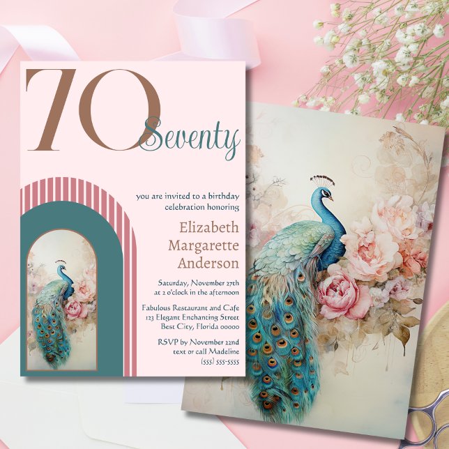 Convite Elegante Sofisticado Rosa Bege Pavão Aniversário (Criador carregado)