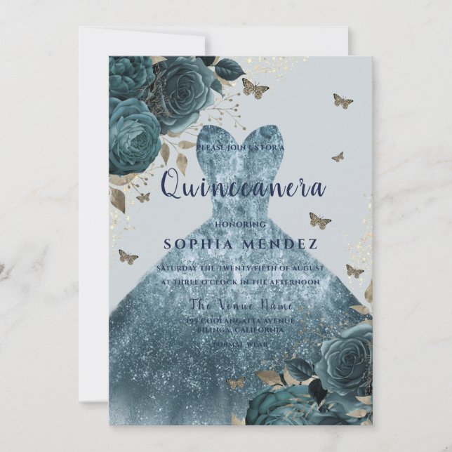 Convite Elegante Sparkle Dress Gown Partido Quinceanera (Frente)