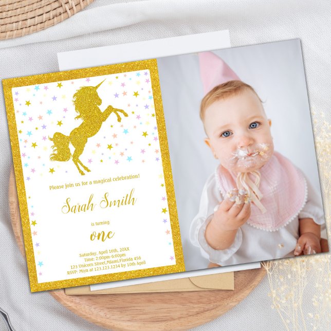 Convite Elegante Sparkle Party for Girls (Golden Unicorn Birthday Invitations with photo)