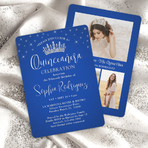 Convite Elegante Sparkles Quinceañera 3 Foto Royal Blue