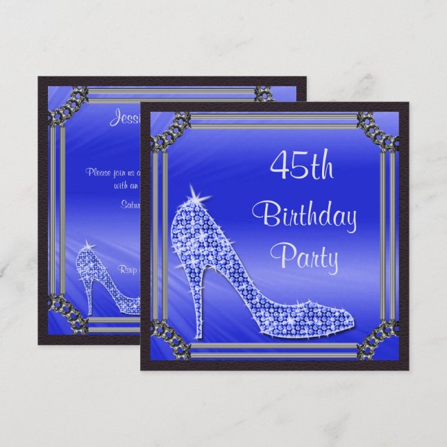 Convite Elegante Stiletto Azul com Moldura Prata para 45º  (Frente/Verso)