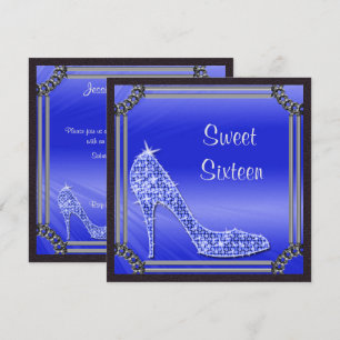 Convite Elegante Stiletto Azul de Moldura Prata Doce 16