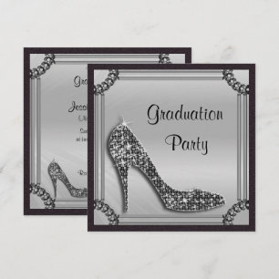 Convite Elegante Stiletto Preto com Moldura de Prata para
