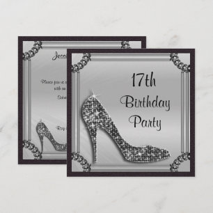 Convite Elegante Stiletto Preto com Moldura Prata para 17º