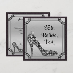 Convite Elegante Stiletto Preto com Moldura Prata para 35º