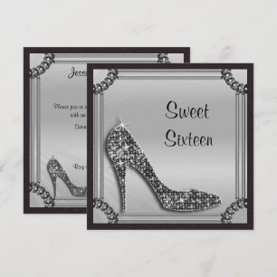 Convite Elegante Stiletto Preto com Moldura Prata Sweet 16