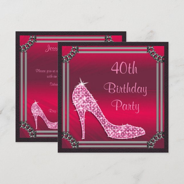 Convite Elegante Stiletto Rosa emoldurado em Prata para An (Frente/Verso)