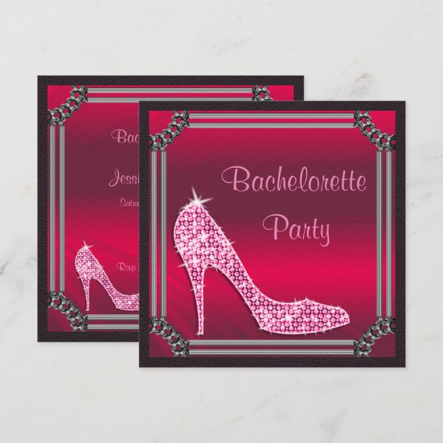 Convite Elegante Stiletto Rosa Enquadrado em Prata Despedi (Frente/Verso)