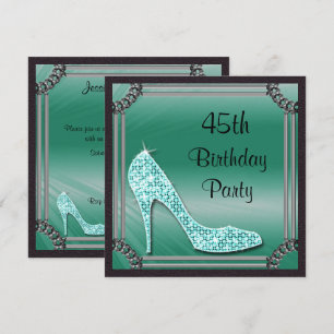 Convite Elegante Stiletto Teal Emoldurado Prateado 45º Ani