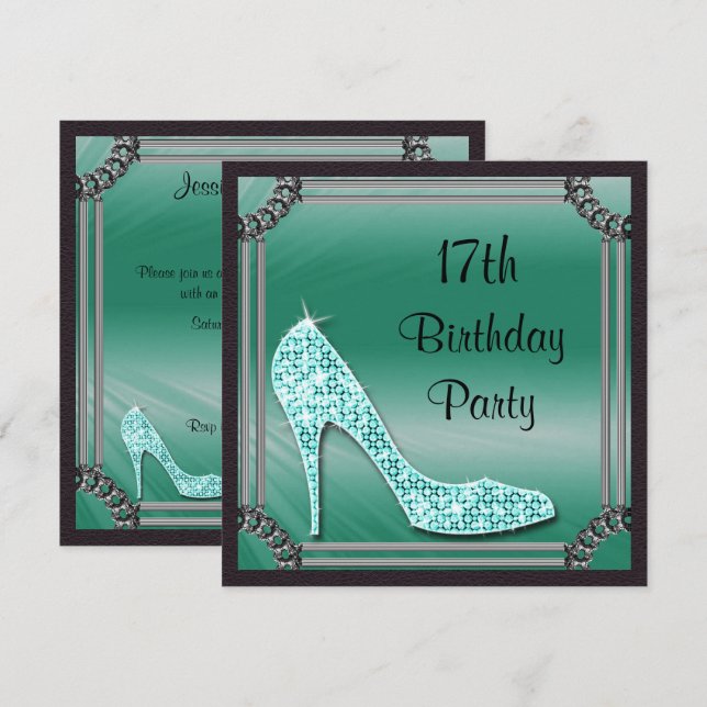 Convite Elegante Stiletto Teal Emoldurado Prateado para 17 (Frente/Verso)