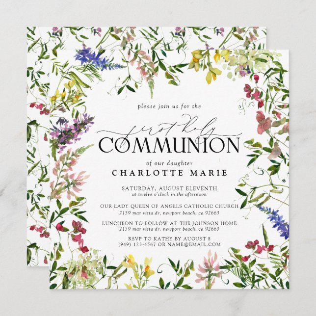 Convite Elegante Summer Wildflower Primeira Comunhão Santa (Frente/Verso)