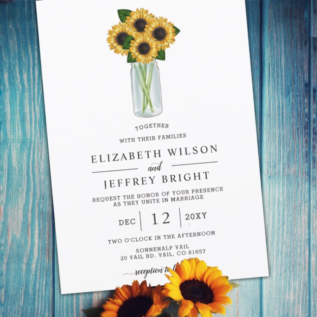 Convite Elegante Sunflower Mason Jar Wedding (Criador carregado)