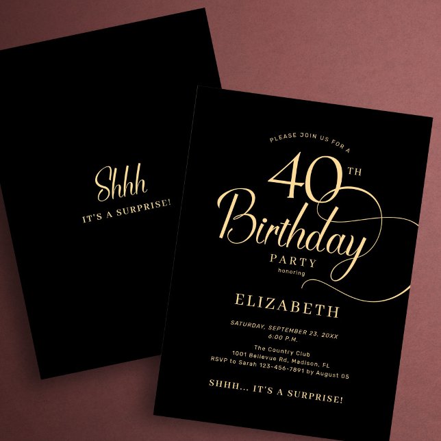 Convite Elegante Surpresa de 40 Anos em Script Preto e Dou (Criador carregado)