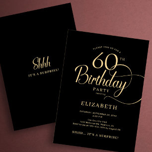Convite Elegante Surpresa de 60 Anos em Script Preto e Dou