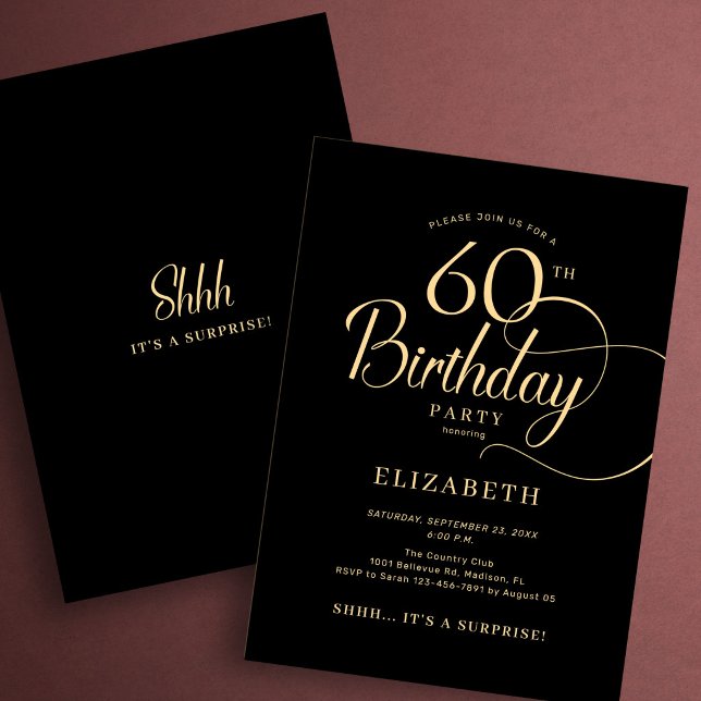 Convite Elegante Surpresa de 60 Anos em Script Preto e Dou (Criador carregado)