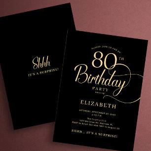 Convite Elegante Surpresa de 80 Anos em Script Preto e Dou