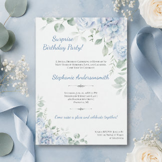 Convite Elegante Surpresa de Aniversário com Flores em Azu