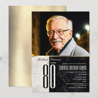 Convite Elegante Surpresa Dourada Foto de 80º Aniversário