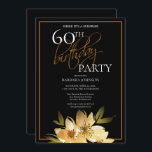 Convite Elegante Surpresa Floral 60º Aniversário<br><div class="desc">Este convite tem uma elegância agradável que é perfeita para o seu evento especial. Este design apresenta flores amarelas suaves e tipografia personalizada sobre um fundo preto elegante. Adicione suas informações de aniversário para completar a aparência.</div>