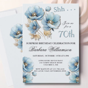 Convite Elegante SURPRESA Floral Azul Aniversário de 70 an