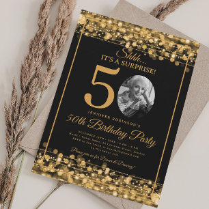 Convite Elegante SURPRESA Foto Aniversário de 50 anos Dour