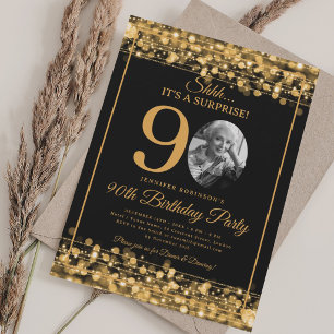 Convite Elegante SURPRESA Foto Aniversário de 90 anos Dour