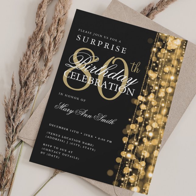 Convite Elegante Surprise 80 Birthday lança Dourado (Elegant Surprise 80th Birthday Sparkles Gold Invitation)