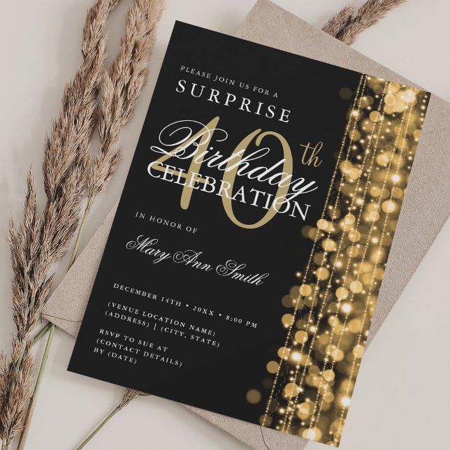 Convite Elegante Surprise aniversário de 40 anos Sparkles  (Elegant Surprise 40th Birthday Sparkles Gold Invitation)