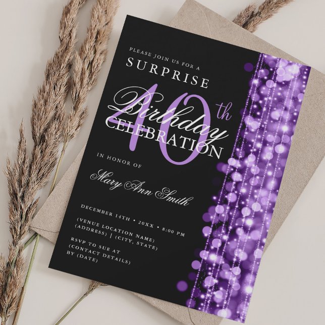 Convite Elegante Surprise aniversário de 40 anos Sparkles  (Elegant Surprise 40th Birthday Sparkles Purple Invitation)