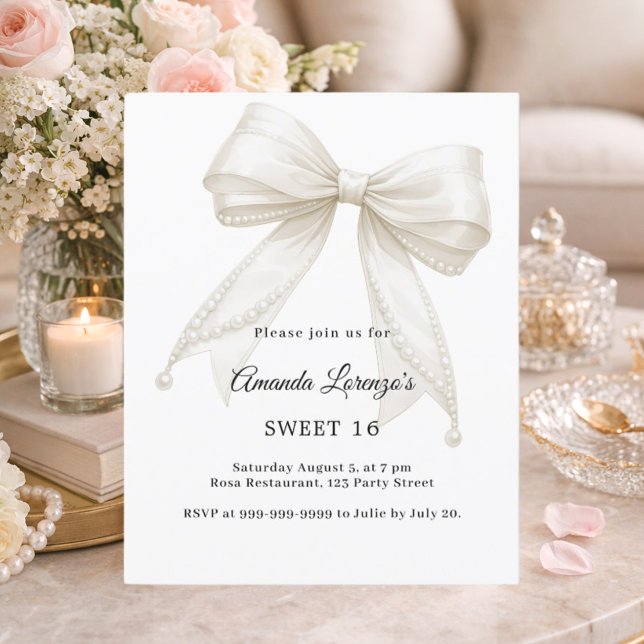Convite elegante Sweet 16 com laço marfim e pérola (Criador carregado)