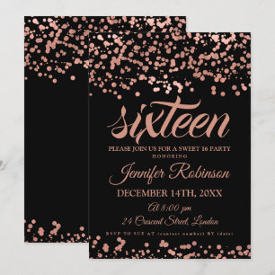 Convite Elegante Sweet 16 Rosa Dourado e Black Foil Confet