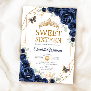 Convite Elegante Sweet 16 Rosas Azuis Navy Dourado