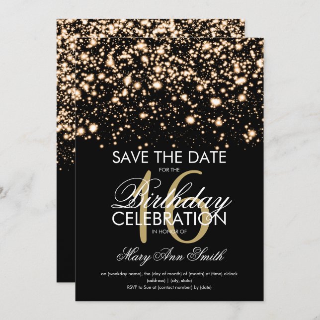 Convite Elegante Sweet 16 "Save The Date" Dourado (Frente/Verso)